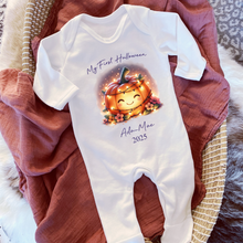 Load image into Gallery viewer, Personalised First Halloween Baby Vest My first Halloween Babygrow Pumpkin Baby&#39;s First Halloween Trick or Treat 1st Halloween Personalised Romper (Copy)
