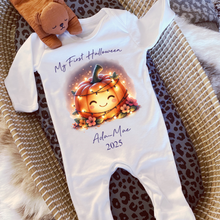 Load image into Gallery viewer, Personalised First Halloween Baby Vest My first Halloween Babygrow Pumpkin Baby&#39;s First Halloween Trick or Treat 1st Halloween Personalised Romper (Copy)
