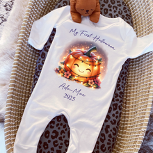 Load image into Gallery viewer, Personalised First Halloween Baby Vest My first Halloween Babygrow Pumpkin Baby&#39;s First Halloween Trick or Treat 1st Halloween Personalised Romper (Copy)
