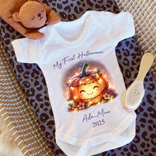 Load image into Gallery viewer, Personalised First Halloween Baby Vest My first Halloween Babygrow Pumpkin Baby&#39;s First Halloween Trick or Treat 1st Halloween Personalised Romper (Copy)
