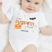 Load image into Gallery viewer, Personalised First Halloween Baby Vest My first Halloween Babygrow Pumpkin Baby&#39;s First Halloween Trick or Treat 1st Halloween Personalised Romper
