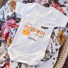 Load image into Gallery viewer, Personalised First Halloween Baby Vest My first Halloween Babygrow Pumpkin Baby&#39;s First Halloween Trick or Treat 1st Halloween Personalised Romper
