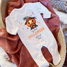 Load image into Gallery viewer, Personalised First Halloween Baby Vest My first Halloween Babygrow Pumpkin Baby&#39;s First Halloween Trick or Treat 1st Halloween Personalised Romper

