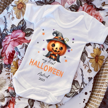 Load image into Gallery viewer, Personalised First Halloween Baby Vest My first Halloween Babygrow Pumpkin Baby&#39;s First Halloween Trick or Treat 1st Halloween Personalised Romper
