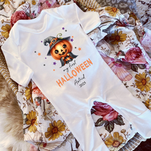 Load image into Gallery viewer, Personalised First Halloween Baby Vest My first Halloween Babygrow Pumpkin Baby&#39;s First Halloween Trick or Treat 1st Halloween Personalised Romper
