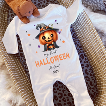 Load image into Gallery viewer, Personalised First Halloween Baby Vest My first Halloween Babygrow Pumpkin Baby&#39;s First Halloween Trick or Treat 1st Halloween Personalised Romper

