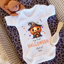 Load image into Gallery viewer, Personalised First Halloween Baby Vest My first Halloween Babygrow Pumpkin Baby&#39;s First Halloween Trick or Treat 1st Halloween Personalised Romper
