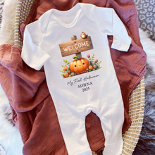 Load image into Gallery viewer, Personalised First Halloween Baby Vest My first Halloween Babygrow Pumpkin Baby&#39;s First Halloween Trick or Treat 1st Halloween Personalised Romper
