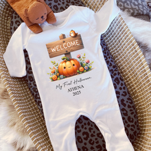 Load image into Gallery viewer, Personalised First Halloween Baby Vest My first Halloween Babygrow Pumpkin Baby&#39;s First Halloween Trick or Treat 1st Halloween Personalised Romper
