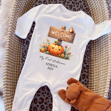 Load image into Gallery viewer, Personalised First Halloween Baby Vest My first Halloween Babygrow Pumpkin Baby&#39;s First Halloween Trick or Treat 1st Halloween Personalised Romper
