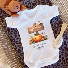 Load image into Gallery viewer, Personalised First Halloween Baby Vest My first Halloween Babygrow Pumpkin Baby&#39;s First Halloween Trick or Treat 1st Halloween Personalised Romper
