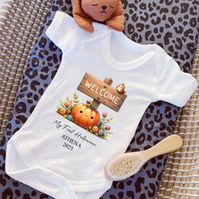 Load image into Gallery viewer, Personalised First Halloween Baby Vest My first Halloween Babygrow Pumpkin Baby&#39;s First Halloween Trick or Treat 1st Halloween Personalised Romper
