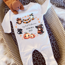 Load image into Gallery viewer, Personalised First Halloween Baby Vest My first Halloween Babygrow Pumpkin Baby&#39;s First Halloween Trick or Treat 1st Halloween Personalised Romper
