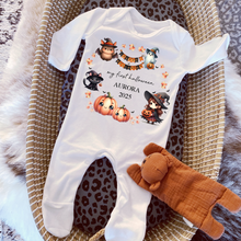Load image into Gallery viewer, Personalised First Halloween Baby Vest My first Halloween Babygrow Pumpkin Baby&#39;s First Halloween Trick or Treat 1st Halloween Personalised Romper

