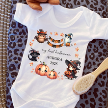 Load image into Gallery viewer, Personalised First Halloween Baby Vest My first Halloween Babygrow Pumpkin Baby&#39;s First Halloween Trick or Treat 1st Halloween Personalised Romper
