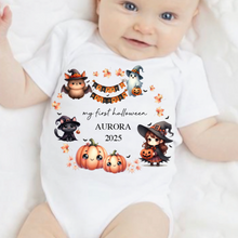 Load image into Gallery viewer, Personalised First Halloween Baby Vest My first Halloween Babygrow Pumpkin Baby&#39;s First Halloween Trick or Treat 1st Halloween Personalised Romper
