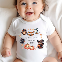 Load image into Gallery viewer, Personalised First Halloween Baby Vest My first Halloween Babygrow Pumpkin Baby&#39;s First Halloween Trick or Treat 1st Halloween Personalised Romper
