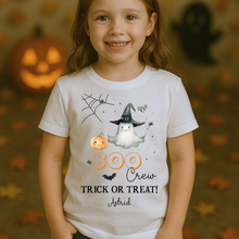 Load image into Gallery viewer, Personalised Halloween T-Shirt, Pumpkin Patch Tee, Custom Trick or Treat Tee, Spooky Tee, Too Cute to Spook, Boo Bag Gift, Girls Halloween Tee
