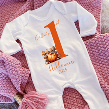 Load image into Gallery viewer, Personalised First Halloween Baby Vest My first Halloween Babygrow Pumpkin Baby&#39;s First Halloween Trick or Treat 1st Halloween Personalised Romper
