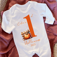 Load image into Gallery viewer, Personalised First Halloween Baby Vest My first Halloween Babygrow Pumpkin Baby&#39;s First Halloween Trick or Treat 1st Halloween Personalised Romper
