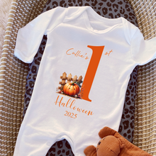 Load image into Gallery viewer, Personalised First Halloween Baby Vest My first Halloween Babygrow Pumpkin Baby&#39;s First Halloween Trick or Treat 1st Halloween Personalised Romper
