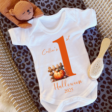 Load image into Gallery viewer, Personalised First Halloween Baby Vest My first Halloween Babygrow Pumpkin Baby&#39;s First Halloween Trick or Treat 1st Halloween Personalised Romper
