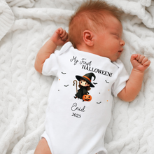 Load image into Gallery viewer, Personalised First Halloween Baby Vest My first Halloween Babygrow Pumpkin Baby&#39;s First Halloween Trick or Treat 1st Halloween Personalised Romper
