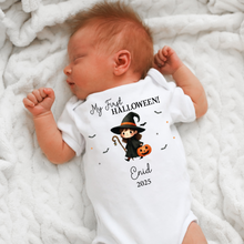 Load image into Gallery viewer, Personalised First Halloween Baby Vest My first Halloween Babygrow Pumpkin Baby&#39;s First Halloween Trick or Treat 1st Halloween Personalised Romper

