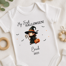 Load image into Gallery viewer, Personalised First Halloween Baby Vest My first Halloween Babygrow Pumpkin Baby&#39;s First Halloween Trick or Treat 1st Halloween Personalised Romper
