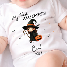 Load image into Gallery viewer, Personalised First Halloween Baby Vest My first Halloween Babygrow Pumpkin Baby&#39;s First Halloween Trick or Treat 1st Halloween Personalised Romper

