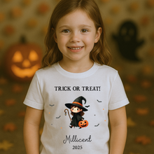 Load image into Gallery viewer, Personalised Halloween T-Shirt, Pumpkin Patch Tee, Custom Trick or Treat Tee, Spooky Tee, Too Cute to Spook, Boo Bag Gift, Girls Halloween Tee
