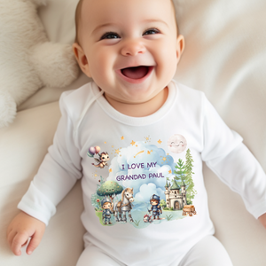 Personalised Baby Sleepsuit Baby Vest, I Love My Mummy Daddy Auntie, Knights and Dragons Design, Baby Shower Gift, Custom Fairytale Baby Outfit