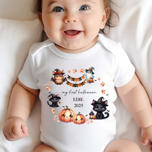 Load image into Gallery viewer, Personalised First Halloween Baby Vest My first Halloween Babygrow Pumpkin Baby&#39;s First Halloween Trick or Treat 1st Halloween Personalised Romper
