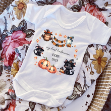 Load image into Gallery viewer, Personalised First Halloween Baby Vest My first Halloween Babygrow Pumpkin Baby&#39;s First Halloween Trick or Treat 1st Halloween Personalised Romper
