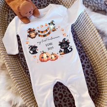 Load image into Gallery viewer, Personalised First Halloween Baby Vest My first Halloween Babygrow Pumpkin Baby&#39;s First Halloween Trick or Treat 1st Halloween Personalised Romper
