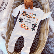 Load image into Gallery viewer, Personalised First Halloween Baby Vest My first Halloween Babygrow Pumpkin Baby&#39;s First Halloween Trick or Treat 1st Halloween Personalised Romper

