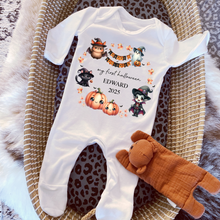 Load image into Gallery viewer, Personalised First Halloween Baby Vest My first Halloween Babygrow Pumpkin Baby&#39;s First Halloween Trick or Treat 1st Halloween Personalised Romper
