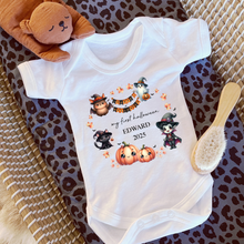 Load image into Gallery viewer, Personalised First Halloween Baby Vest My first Halloween Babygrow Pumpkin Baby&#39;s First Halloween Trick or Treat 1st Halloween Personalised Romper

