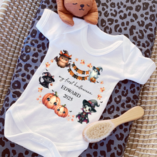 Load image into Gallery viewer, Personalised First Halloween Baby Vest My first Halloween Babygrow Pumpkin Baby&#39;s First Halloween Trick or Treat 1st Halloween Personalised Romper
