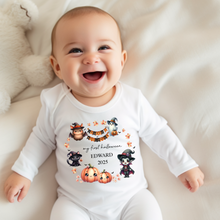 Load image into Gallery viewer, Personalised First Halloween Baby Vest My first Halloween Babygrow Pumpkin Baby&#39;s First Halloween Trick or Treat 1st Halloween Personalised Romper
