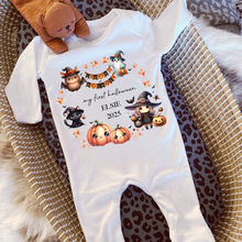 Load image into Gallery viewer, Personalised First Halloween Baby Vest My first Halloween Babygrow Pumpkin Baby&#39;s First Halloween Trick or Treat 1st Halloween Personalised Romper
