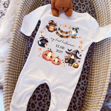 Load image into Gallery viewer, Personalised First Halloween Baby Vest My first Halloween Babygrow Pumpkin Baby&#39;s First Halloween Trick or Treat 1st Halloween Personalised Romper
