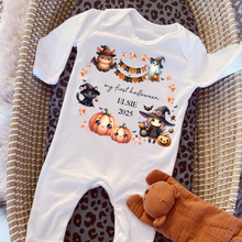 Load image into Gallery viewer, Personalised First Halloween Baby Vest My first Halloween Babygrow Pumpkin Baby&#39;s First Halloween Trick or Treat 1st Halloween Personalised Romper
