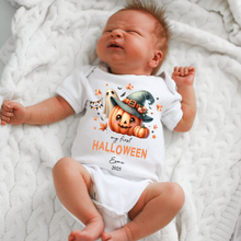 Load image into Gallery viewer, Personalised First Halloween Baby Vest My first Halloween Babygrow Pumpkin Baby&#39;s First Halloween Trick or Treat 1st Halloween Personalised Romper

