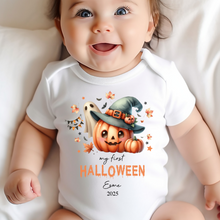 Load image into Gallery viewer, Personalised First Halloween Baby Vest My first Halloween Babygrow Pumpkin Baby&#39;s First Halloween Trick or Treat 1st Halloween Personalised Romper
