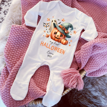 Load image into Gallery viewer, Personalised First Halloween Baby Vest My first Halloween Babygrow Pumpkin Baby&#39;s First Halloween Trick or Treat 1st Halloween Personalised Romper
