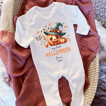 Load image into Gallery viewer, Personalised First Halloween Baby Vest My first Halloween Babygrow Pumpkin Baby&#39;s First Halloween Trick or Treat 1st Halloween Personalised Romper
