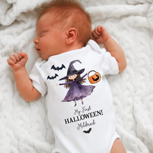Load image into Gallery viewer, Personalised First Halloween Baby Vest My first Halloween Babygrow Pumpkin Baby&#39;s First Halloween Trick or Treat 1st Halloween Personalised Romper
