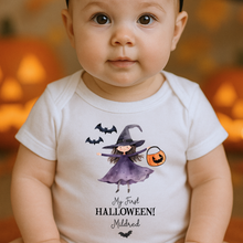 Load image into Gallery viewer, Personalised First Halloween Baby Vest My first Halloween Babygrow Pumpkin Baby&#39;s First Halloween Trick or Treat 1st Halloween Personalised Romper
