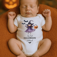 Load image into Gallery viewer, Personalised First Halloween Baby Vest My first Halloween Babygrow Pumpkin Baby&#39;s First Halloween Trick or Treat 1st Halloween Personalised Romper
